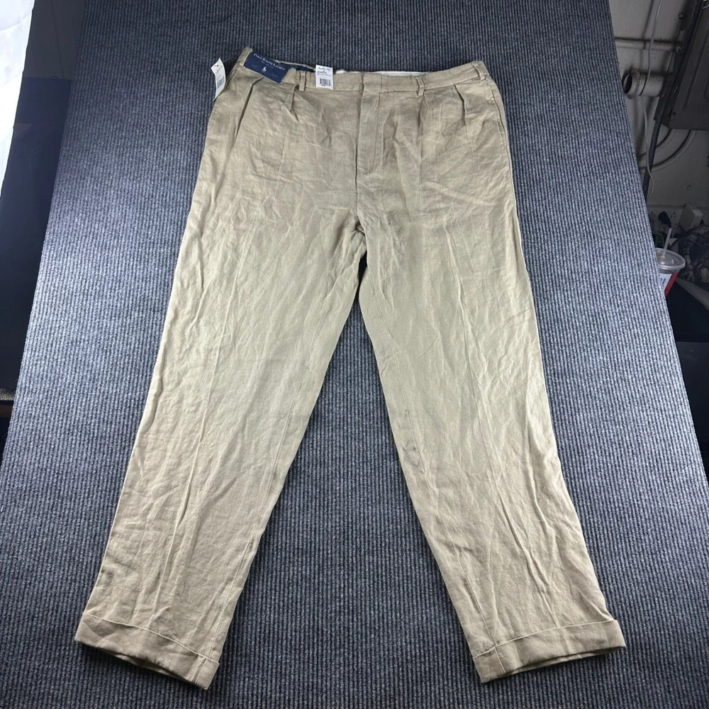 Polo Ralph Lauren Men 44x36 Tan 100% Linen Pleated Cuffed Dress Pants Big & Tall